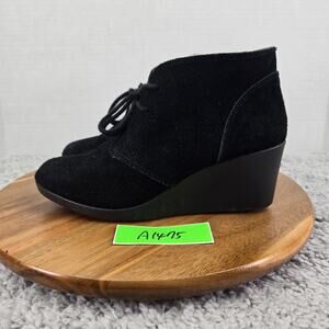 Crocs Womens 6.5 Leigh Black Suede Lace Up Casual Wedge Heel Ankle Bootie Boots